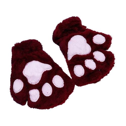 1 Paire De Gants Chauds D'hiver Sans Doigts Pour Femmes Et Filles, Ours Pelucheux, Chat En Peluche, Griffe De Patte, Demi-Doigt, Mitaine, Nouvelle Taille Unique Rouge