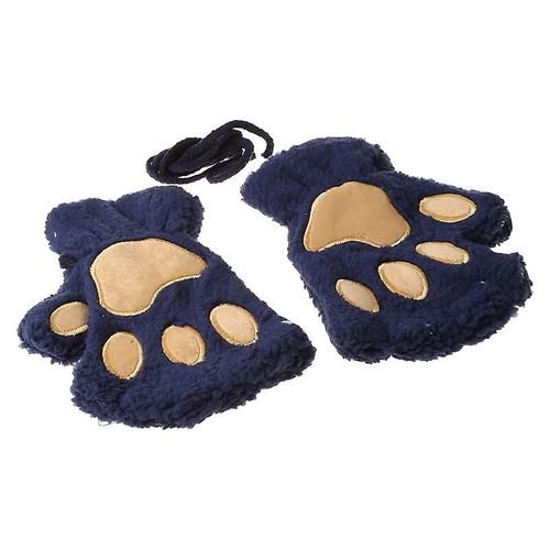 1 Paire De Gants Chauds D'hiver Sans Doigts Pour Femmes Et Filles, Ours Moelleux, Chat En Peluche, Griffe De Patte, Demi-Doigt, Mitaines, Nouvelle Taille Unique, Bleu Marine 1