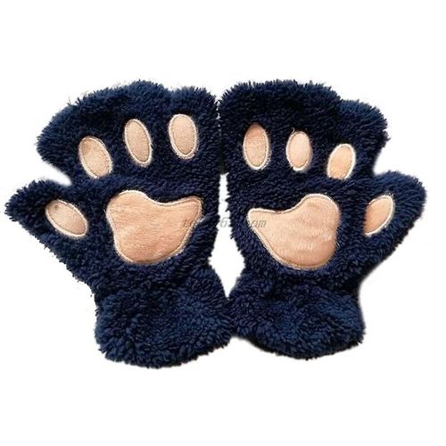 1 Paire De Gants Chauds D'hiver Sans Doigts Pour Femmes Et Filles, Ours Pelucheux, Chat, Patte En Peluche, Griffe, Demi-Doigt, Mitaine, Nouvelle Taille, Bleu Profond
