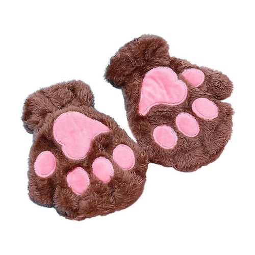Paire De Gants Chauds D'hiver Sans Doigts Pour Femmes Et Filles, Ours Pelucheux, Chat En Peluche, Griffe De Patte, Demi-Doigt, Mitaine, Taille Unique, Café