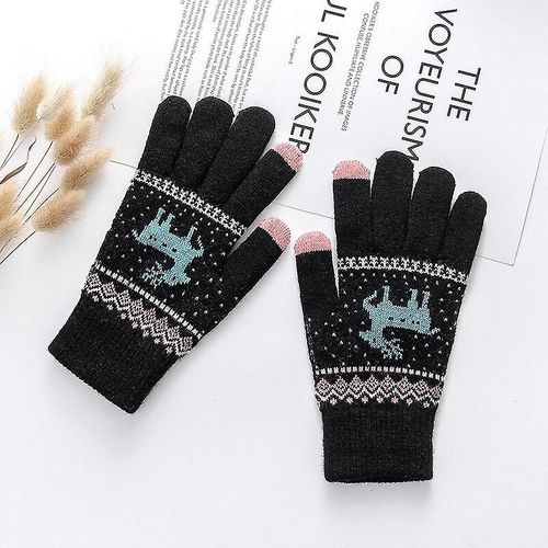 Gants Épais Tricotés À La Mode Pour Hommes Femmes Cerf De Noël Imprimé Chaud Automne Hiver Gants À Doigts Complets 2 Styles 6 Couleurs Normal-Noir