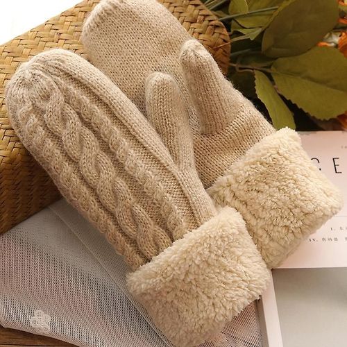 Mode Femmes Twist Fleurs Laine Tricot Mittensunisexe Double Épaissir Plus Velours Doigt Complet Cachemire Chaud Conduite Mitaines Taille Unique Beige