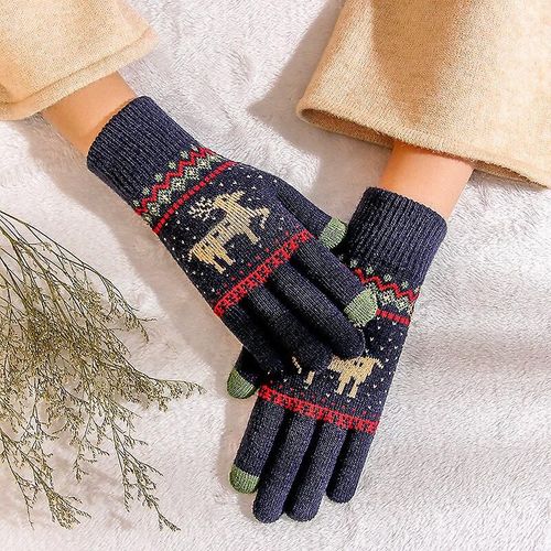 Gants Épais Tricotés À La Mode Pour Hommes Et Femmes, Cerf De Noël Imprimé Chaud Automne Hiver Gants À Doigts Complets 2 Styles 6 Couleurs Épais-Bleu Marine