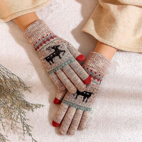 Gants Épais Tricotés À La Mode Pour Hommes Et Femmes, Imprimés De Cerf De Noël, Chauds, Automne Et Hiver, Gants À Doigts Complets, 2 Styles, 6 Couleurs, Épais-Marron Clair