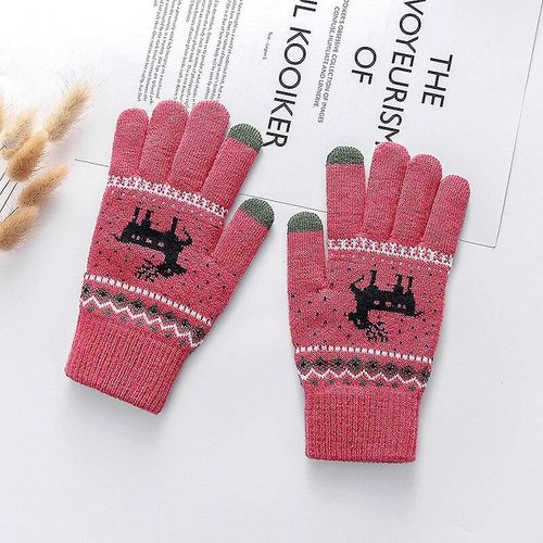 Gants Épais Tricotés À La Mode Pour Hommes Et Femmes, Imprimés De Cerf De Noël, Chauds, Automne Et Hiver, Gants À Doigts Complets, 2 Styles, 6 Couleurs Normales-Rose Rouge