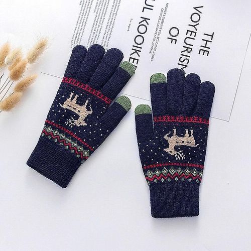 Gants Épais Tricotés À La Mode Pour Hommes Et Femmes, Imprimés De Cerf De Noël, Chauds, Automne Et Hiver, Gants À Doigts Complets, 2 Styles, 6 Couleurs, Bleu Marine Normal