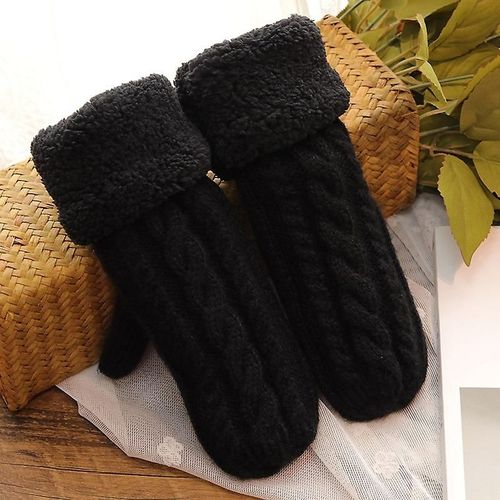 Mode Femmes Twist Fleurs Laine Tricot Mittensunisexe Double Épaissir Plus Velours Doigt Complet Cachemire Chaud Conduite Mitaines Taille Unique Noir