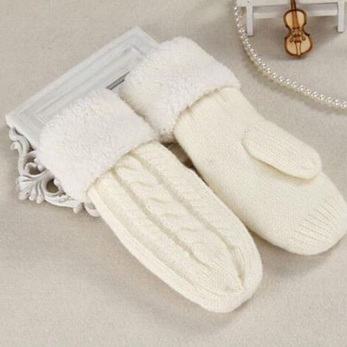 Mode Femmes Twist Fleurs Laine Tricot Mittensunisexe Double Épaissir Plus Velours Doigt Complet Cachemire Chaud Conduite Mitaines Taille Unique Blanc