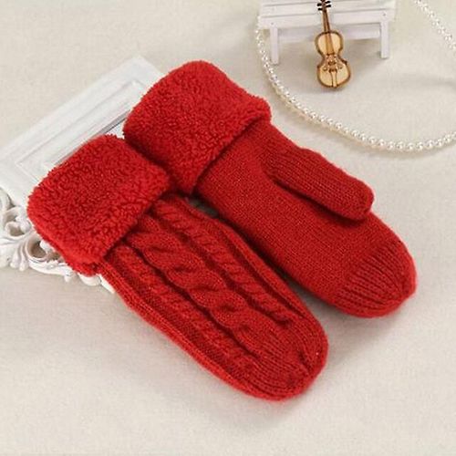 Mode Femmes Twist Fleurs Laine Tricot Mittensunisexe Double Épaissir Plus Velours Doigt Complet Cachemire Chaud Conduite Mitaines Taille Unique Rouge