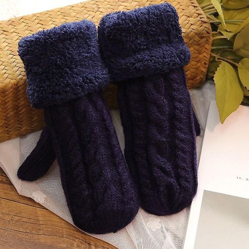 Mode Femmes Twist Fleurs Laine Tricot Mittensunisexe Double Épaissir Plus Velours Doigt Complet Cachemire Chaud Conduite Mitaines Taille Unique Bleu Foncé