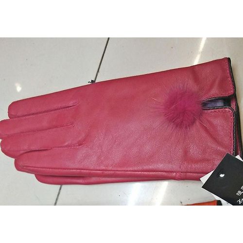 Gant En Cuir Véritable Femmes Chaud Mode Hiver Dames Gants Chauffe-Mains Avec Boule De Fourrure De Vison Naturelle Gant De Luxe Avec Doigt Taille Unique Rose Rouge