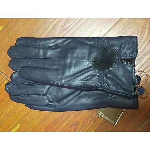 Gant En Cuir Véritable Femmes Chaud Mode Hiver Dames Gants Chauffe-Mains Avec Boule De Fourrure De Vison Naturelle Gant De Luxe Avec Doigt Taille Unique Bleu Marine