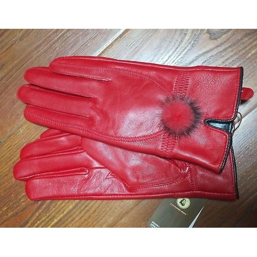 Gant En Cuir Véritable Femmes Chaud Mode Hiver Dames Gants Chauffe-Mains Avec Boule De Fourrure De Vison Naturelle Gant De Luxe Avec Doigt Taille Unique Rouge