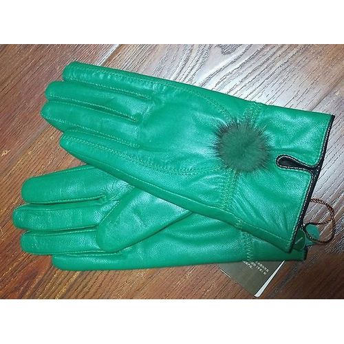 Gant En Cuir Véritable Femmes Chaud Mode Hiver Dames Gants Chauffe-Mains Avec Boule De Fourrure De Vison Naturelle Gant De Luxe Avec Doigt Taille Unique Vert