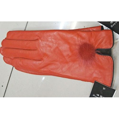 Gant En Cuir Véritable Femmes Chaud Mode Hiver Dames Gants Chauffe-Mains Avec Boule De Fourrure De Vison Naturelle Gant De Luxe Avec Doigt Taille Unique Rouge Corail