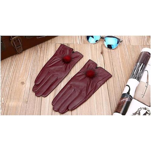 Gant En Cuir Véritable Femmes Chaud Mode Hiver Dames Gants Chauffe-Mains Avec Boule De Fourrure De Vison Naturelle Gant De Luxe Avec Doigt Taille Unique Bordeaux