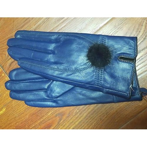 Gant En Cuir Véritable Femmes Chaud Mode Hiver Dames Gants Chauffe-Mains Avec Boule De Fourrure De Vison Naturelle Gant De Luxe Avec Doigt Taille Unique Bleu
