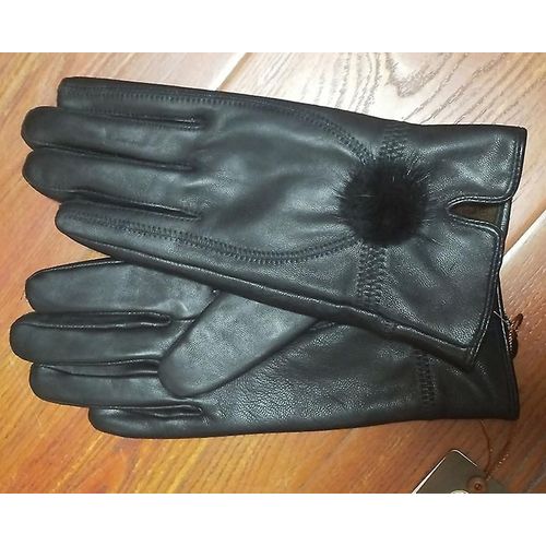 Gant En Cuir Véritable Femmes Chaud Mode Hiver Dames Gants Chauffe-Mains Avec Boule De Fourrure De Vison Naturelle Gant De Luxe Avec Doigt Taille Unique Noir