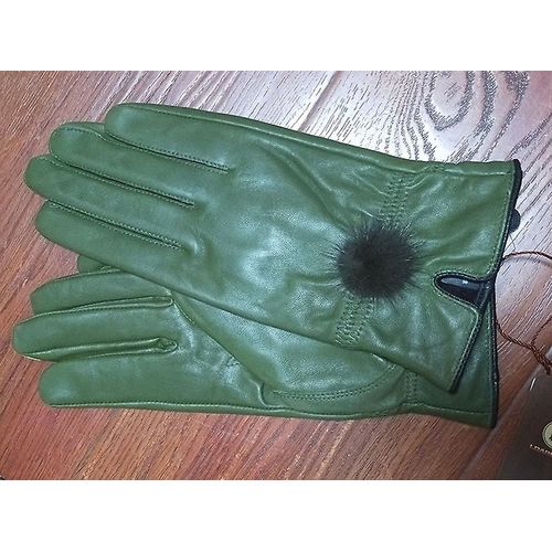 Gant En Cuir Véritable Femmes Chaud Mode Hiver Dames Gants Chauffe-Mains Avec Boule De Fourrure De Vison Naturelle Gant De Luxe Avec Doigt Taille Unique Vert Armée