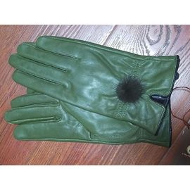 Gant En Cuir Véritable Femmes Chaud Mode Hiver Dames Gants Chauffe-Mains Avec Boule De Fourrure De Vison Naturelle Gant De Luxe Avec Doigt Taille Unique Vert Armée