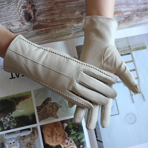 Gants En Cuir Pour Femmes, Couleur Courte En Peau De Mouton Rayée, Doublure En Velours, Gants D'hiver Pour Le Froid Et Le Chaud, 8.5 Beige, Nouvelle Collection