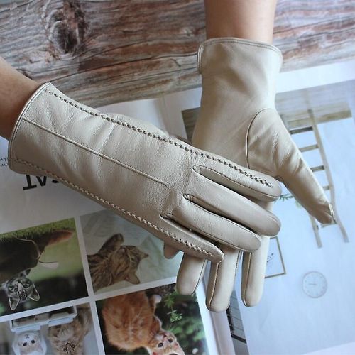 Gants En Cuir Pour Femmes, Couleur Courte En Peau De Mouton Rayée, Doublure En Velours, Gants D'hiver Pour Le Froid Et Le Chaud, 6.5 Beige, Nouvelle Collection