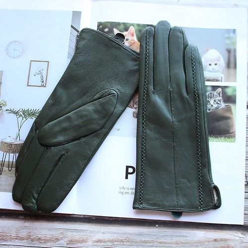Gants En Cuir Pour Femmes, Couleur Courte En Peau De Mouton Rayée, Doublure En Velours, Gants D'hiver Pour Le Froid Et Le Chaud, 8 Vert Armée, Nouvelle Collection