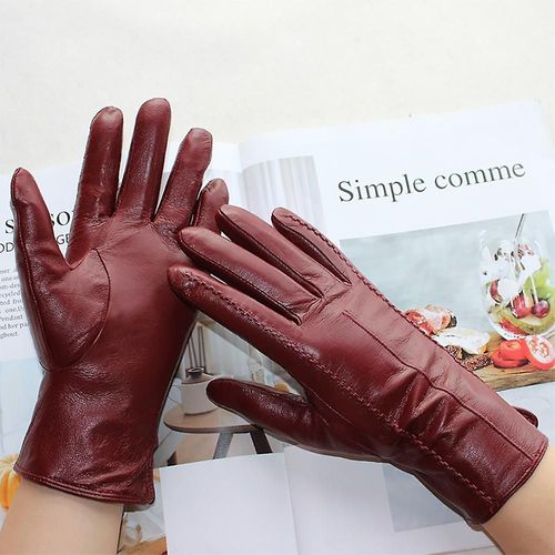 Gants En Cuir Pour Femmes, Couleur Courte En Peau De Mouton Rayée, Doublure En Velours, Gants D'hiver Pour Le Froid Et Le Chaud, 7 Bordeaux, Nouvelle Collection