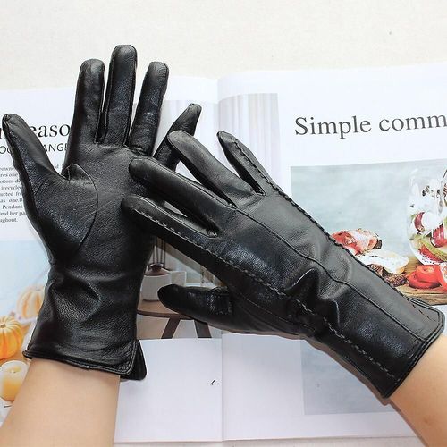 Gants En Cuir Pour Femmes, Couleur Courte En Peau De Mouton Rayée, Doublure En Velours, Gants D'hiver Pour Le Froid Et Le Chaud, 7.5 Noirs, Nouvelle Collection