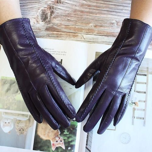 Gants En Cuir Pour Femmes, Couleur Courte En Peau De Mouton Rayée, Doublure En Velours, Gants D'hiver Pour Le Froid Et Le Chaud, Violet Foncé, 8.5, Nouvelle Collection