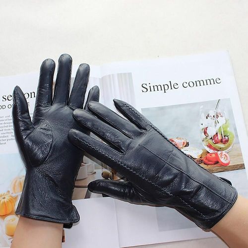 Gants En Cuir Pour Femmes, Couleur Courte En Peau De Mouton Rayée, Doublure En Velours, Gants D'hiver Pour Le Froid Et Le Chaud, Bleu Marine, 6.5, Nouvelle Collection