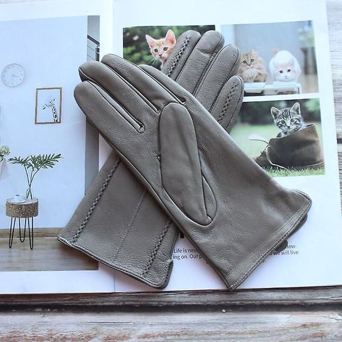Gants En Cuir Pour Femmes, Couleur Courte En Peau De Mouton Rayée, Doublure En Velours, Gants D'hiver Pour Le Froid Et Le Chaud, Gris Clair, 6.5, Nouvelle Collection