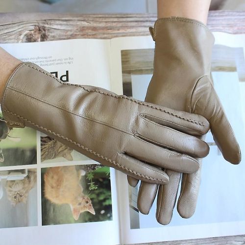 Gants En Cuir Pour Femmes, Couleur Courte En Peau De Mouton Rayée, Doublure En Velours, Gants D'hiver Pour Le Froid Et Le Chaud, 7.5 Kaki, Nouvelle Collection