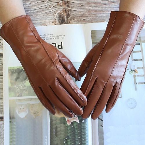 Gants En Cuir Pour Femmes, Couleur Courte En Peau De Mouton Rayée, Doublure En Velours, Gants D'hiver Pour Le Froid Et Le Chaud, 7 Brun Jaunâtre, Nouvelle Collection
