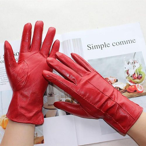 Gants En Cuir Pour Femmes, Couleur Courte En Peau De Mouton Rayée, Doublure En Velours, Gants D'hiver Pour Le Froid Et Le Chaud, 6.5 Rouge, Nouvelle Collection