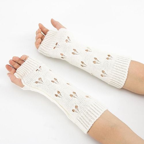 Gants Pour Femmes Élégants Chauffe-Mains Gants D'hiver Femmes Bras Crochet Tricot Creux Coeur Mitaine Chaud Gants Sans Doigts Taille Unique Blanc