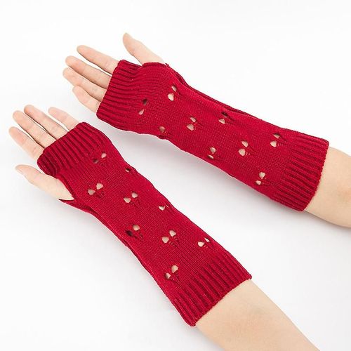 Gants Pour Femmes Élégants Chauffe-Mains Gants D'hiver Femmes Bras Crochet Tricot Creux Coeur Mitaine Chaud Gants Sans Doigts Taille Unique Rouge