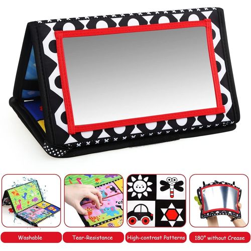 Miroir Bebe Eveil, Miroir Montessori Jouet Noir Et Blanc, Jouets Sensoriels Avec Livre En Tissu Doux, Jouet Nouveau Né Avec Miroir Pliable