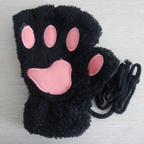 Gants De Panda En Peluche Doux Et Chauds, Mitaines À Demi-Doigts Pour Femmes, Hiver, Mignon Patte De Chat, Gants Moelleux, Cadeaux De Noël Pour Filles, Taille Unique, Noir