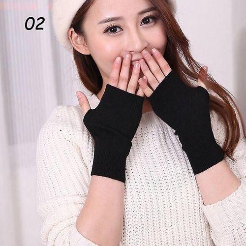 Gants Courts En Tricot De Cachemire D'hiver, Demi-Doigt, Couleur Unie, Pour Cosplay, Élastiques Assortis, Pour Hommes Et Femmes, Mitaines Épaisses Et Chaudes, Élastiques 02 Noir
