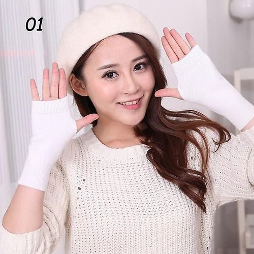 Gants Courts En Tricot De Cachemire D'hiver, Demi-Doigt, Couleur Unie, Pour Cosplay, Élastiques Assortis, Pour Hommes Et Femmes, Mitaines Épaisses Et Chaudes, Élastiques 01blanc