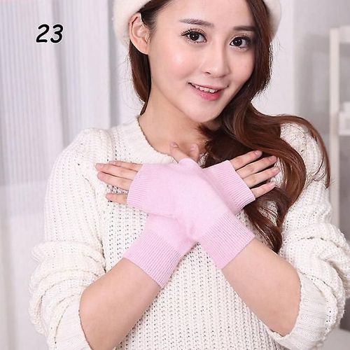 Gants Courts En Tricot De Cachemire D'hiver, Demi-Doigt, Couleur Unie, Pour Cosplay, Élastiques Assortis, Pour Hommes Et Femmes, Mitaines Épaisses Et Chaudes, Élastiques 23 Rose
