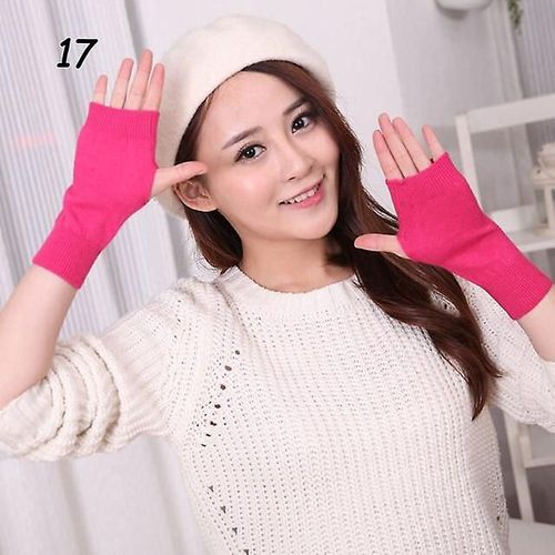 Hiver Cachemire Tricot Demi-Doigt Gants Courts Couleur Unie Cosplay All-Match Gant Élastique Hommes Femmes Épais Mitaines Chaudes Élastique 17 Rose Rouge
