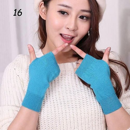 Gants Courts En Tricot De Cachemire D'hiver, Demi-Doigt, Couleur Unie, Gants Élastiques Assortis Pour Cosplay, Hommes Et Femmes, Mitaines Épaisses Et Chaudes, Élastiques 16 Bleu Lac