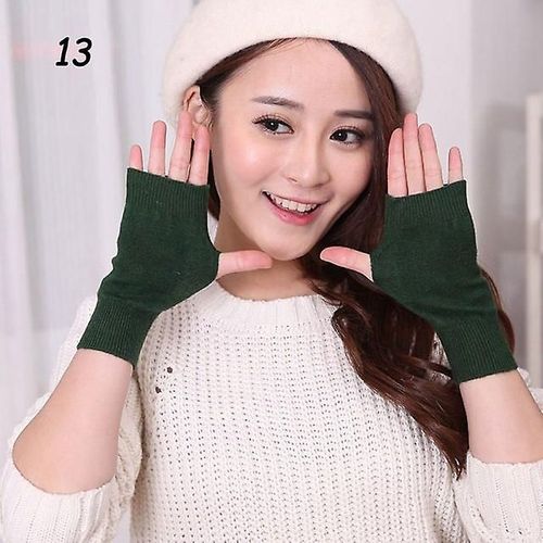 Gants Courts En Tricot De Cachemire D'hiver, Demi-Doigt, Couleur Unie, Gants Élastiques Assortis Pour Cosplay, Hommes Et Femmes, Mitaines Épaisses Et Chaudes, Élastiques 13 Mo Vert
