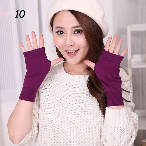 Hiver Cachemire Tricot Demi-Doigt Gants Courts Couleur Unie Cosplay All-Match Élastique Gant Hommes Femmes Épais Chaud Mitaines Élastique 10 Violet