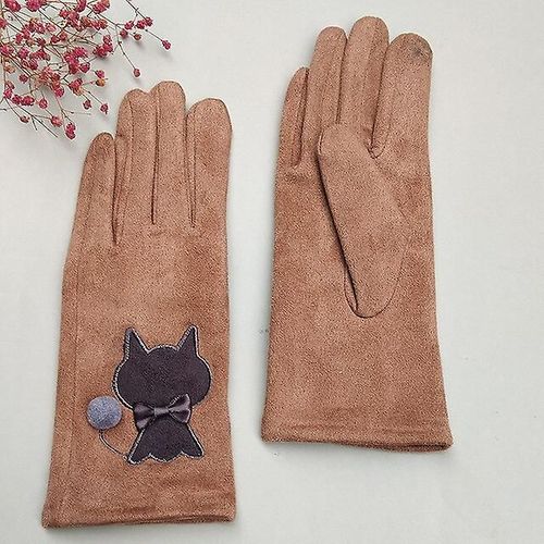Femmes Hiver Plus Velours Épais Chaud Daim Cuir Écran Tactile Mitaines Femme Beau Dessin Animé Chat Ours Cyclisme Conduite Gants Taille Unique Chat Kaki