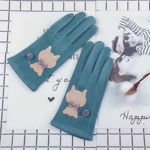 Femmes Hiver Plus Velours Épais Chaud Daim Cuir Écran Tactile Mitaines Femme Beau Dessin Animé Chat Ours Cyclisme Conduite Gants Taille Unique Chat Vert