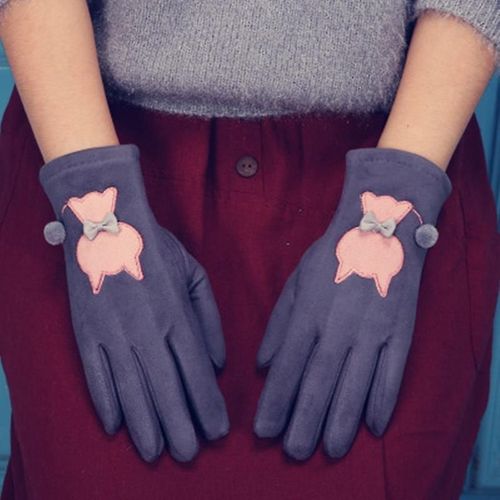 Femmes Hiver Plus Velours Épais Chaud Daim Cuir Écran Tactile Mitaines Femme Beau Dessin Animé Chat Ours Cyclisme Conduite Gants Taille Unique Chat Gris