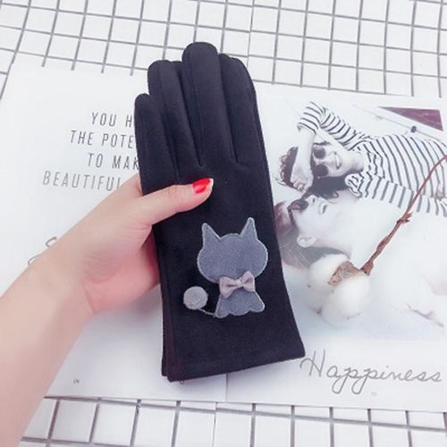 Femmes Hiver Plus Velours Épais Chaud Daim Cuir Écran Tactile Mitaines Femme Beau Dessin Animé Chat Ours Cyclisme Conduite Gants Taille Unique Chat Noir